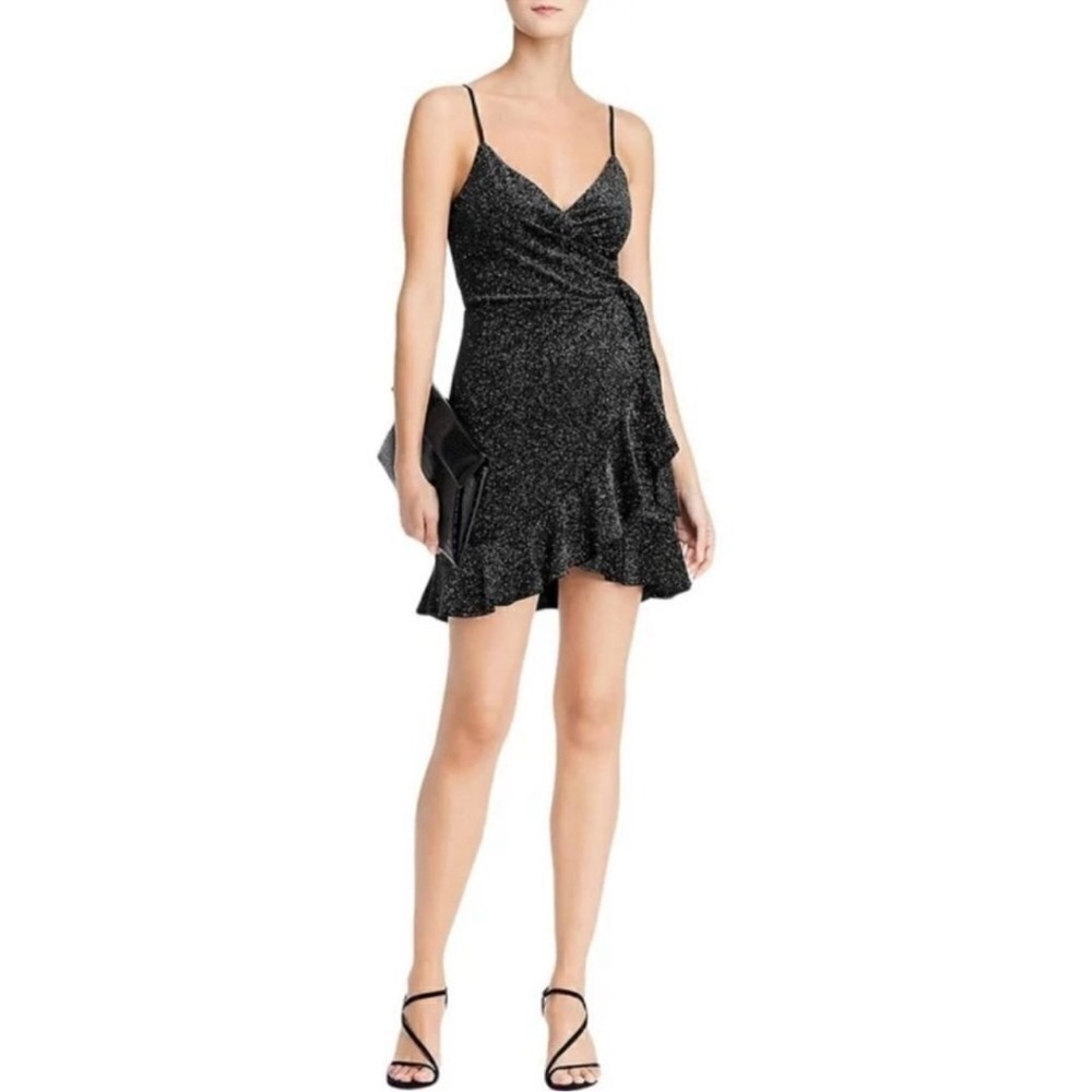 Aqua Black Sparkle Velvet Ruffle Wrap Mini Dress